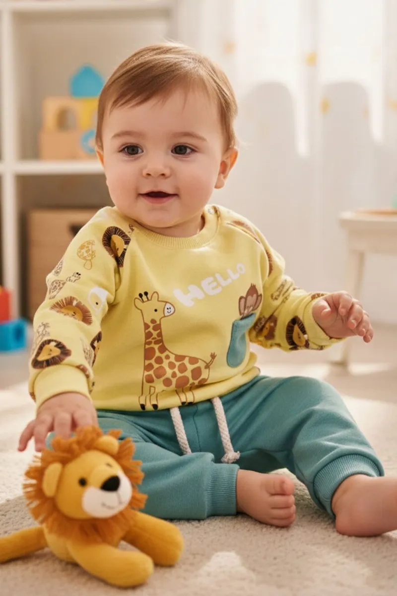 Sarı Maymun Baskılı Cepli 2'li Erkek Bebek Takım
