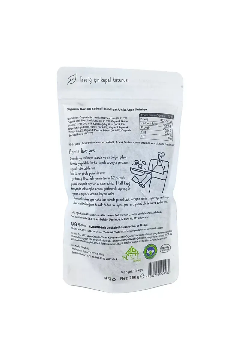OG Natural Organik Karışık Sebzeli Bakliyat Unlu Arpa Şehriye 250 Gr
