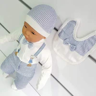 Ayıcık Askılı Papyonlu Mavi 5 li Erkek Bebek Hastane Çıkış Seti