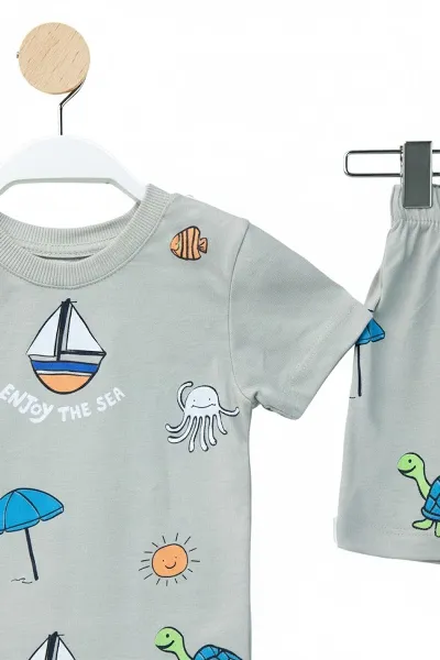Erkek Bebek Gri Yelkenli Desenli Şortlu 2'li Takım