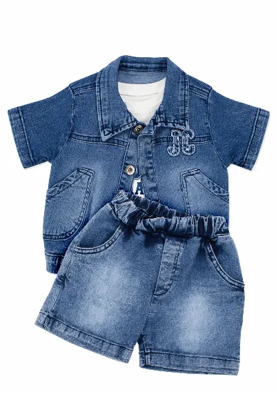 Erkek Bebek Mavi Beyaz Mavi Kot Ceketli Şortlu 3'lü Takım