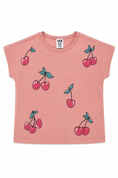 Kız Çocuk Pembe Kiraz Desenli Şortlu 2'li Takım