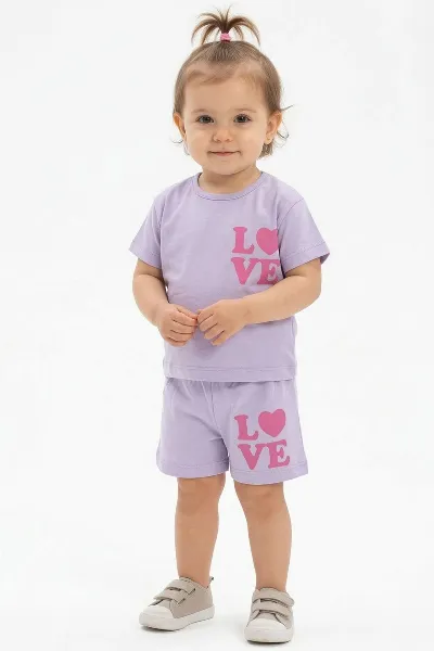Kız Bebek Lila Pembe Love Baskılı Şortlu 2'li Takım