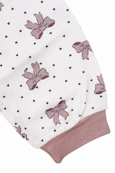Kız Çocuk Ekru Gül Kurusu Fiyonk Baskılı Çıtçıtlı Pijama