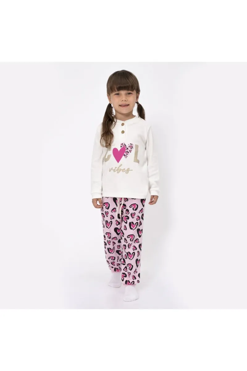 Kız Çocuk Ekru Fuşha Cool Kalp Baskılı 2'li Pijama Takımı