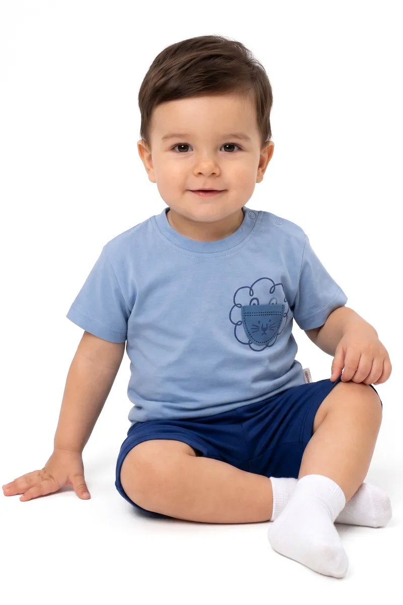 Erkek Bebek Mavi Lacivert Aslan Baskılı Müslin 2'li Takım