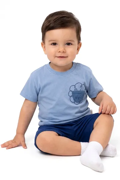Erkek BebeK Mavi Laci Aslan Baskılı Müslin 2'li Takım