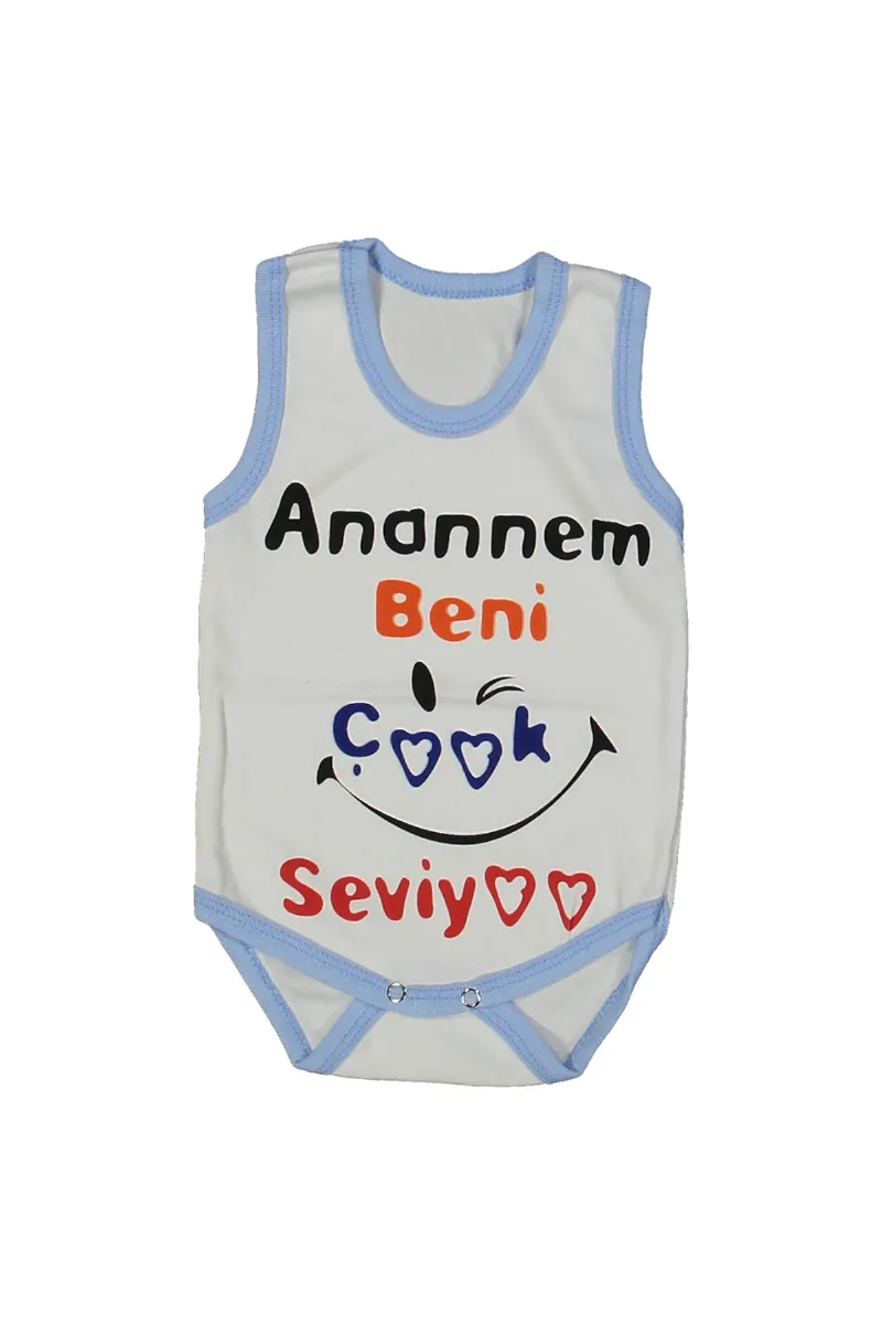 Beyaz Mavi Biyeli Anaannem Beni Seviyor Yazılı Askılı Zıbın