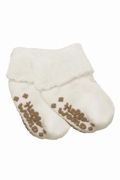 Unisex Ekru Kıvrık Hello Kaydırmaz Taban Havlu Çorap
