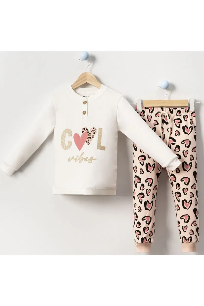 Kız Çocuk Ekru Kahverengi Cool Kalp Baskılı 2'li Pijama Takımı