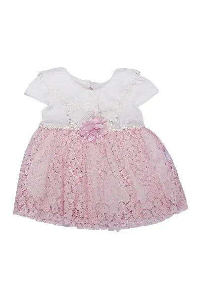 Kız Bebek Ekru Pembe Güpürlü Elbise