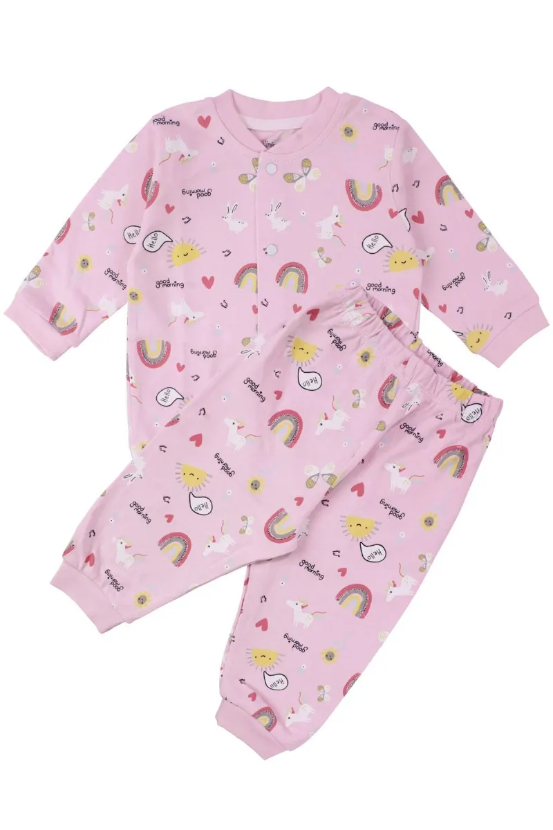 Kız Bebek Pembe Renkli Güneş Gökkuşağı Desenli Çıtçıtlı Pijama Takımı