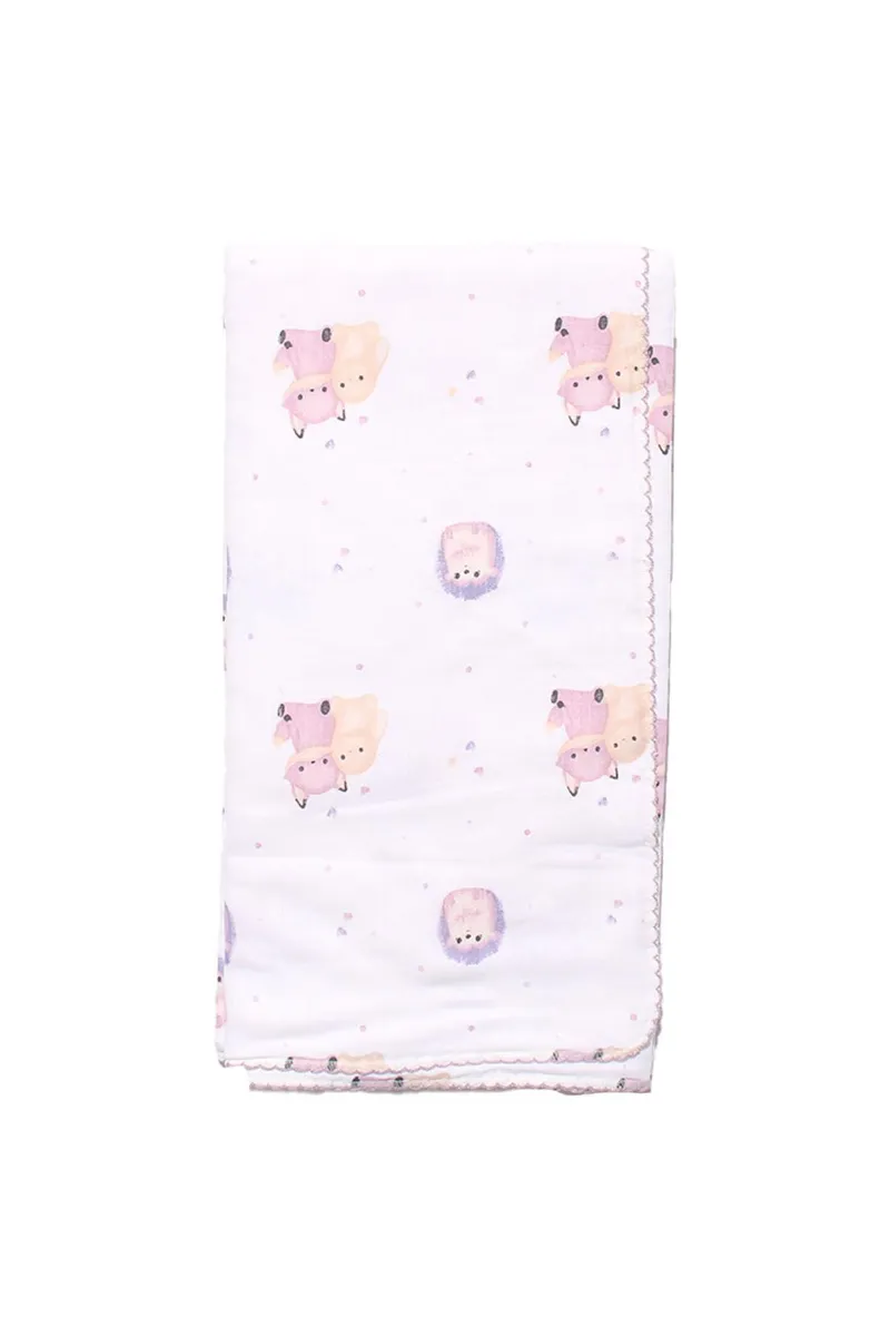 Unisex Ekru Pembe Mor Biyeli Kirpili Tilkili Desenli Pikeli Müslin Battaniye 80x90