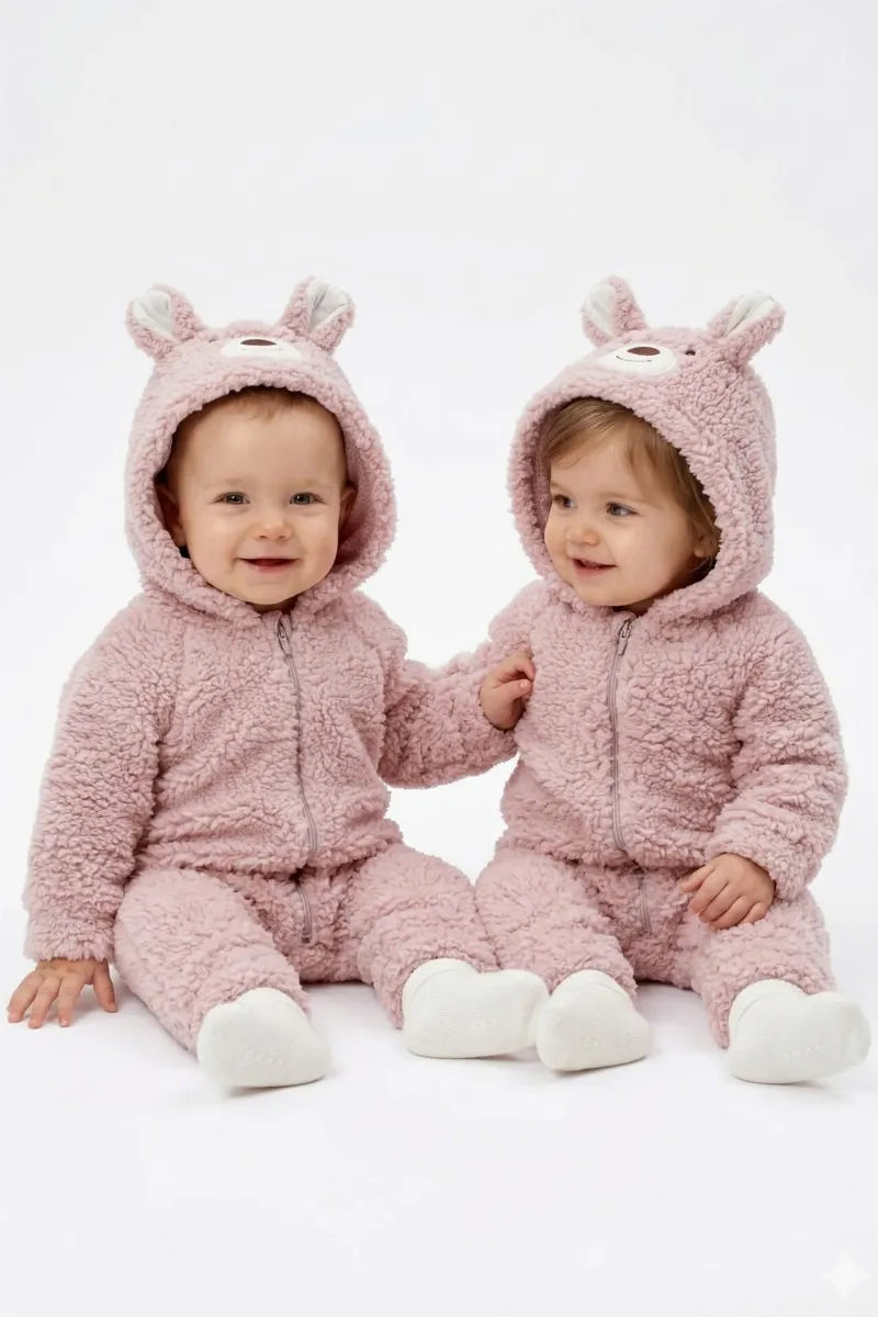 Unisex Pembe Ayı Nakışlı Kapşonlu Peluş Tulum