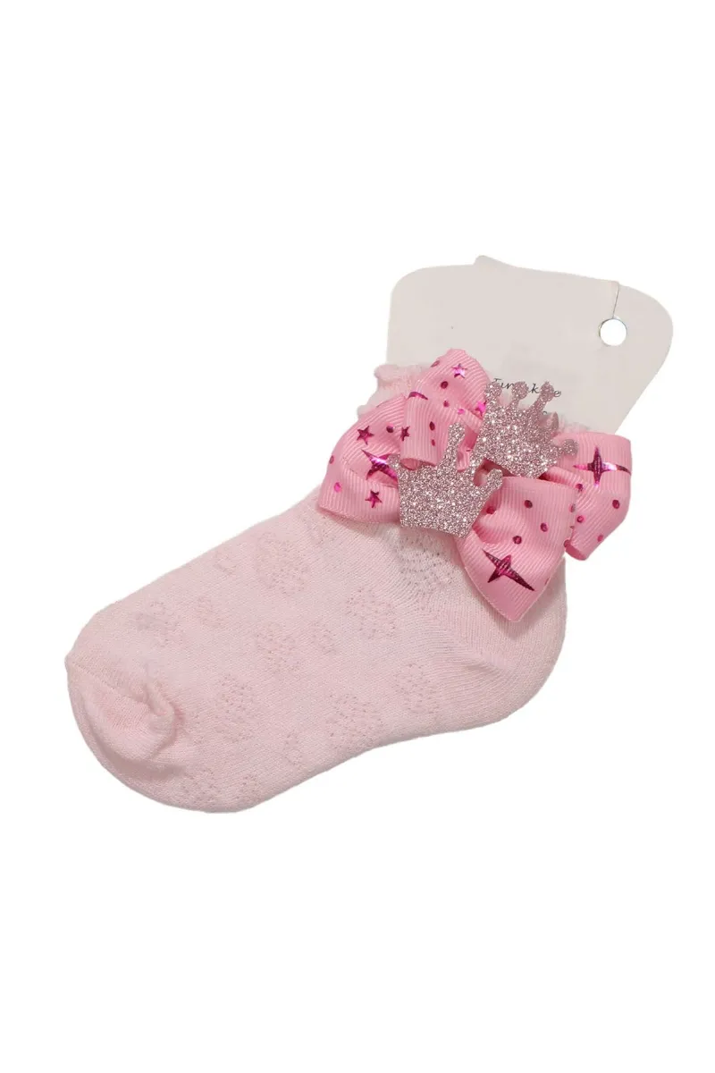 Kız Bebek Pembe Kurdelalı Simli Taçlı Çorap 1 Yaş