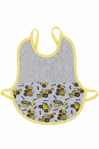 Erkek Bebek Gri Sarı Kamyon Desenli Mama Önlüğü