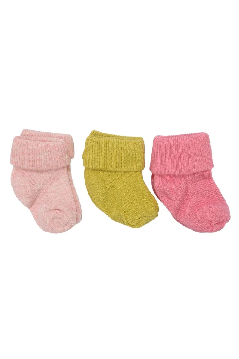Unisex Sarı Pembe Pudra Kıvrık 3'lü Çorap 0-6 Ay