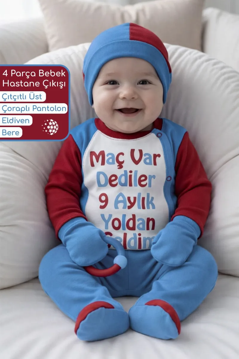 Bordo Mavi Taraftar Maç Var Dediler 9 Aylık Yoldan Geldim Yazılı Bebek Hastane Çıkış Seti