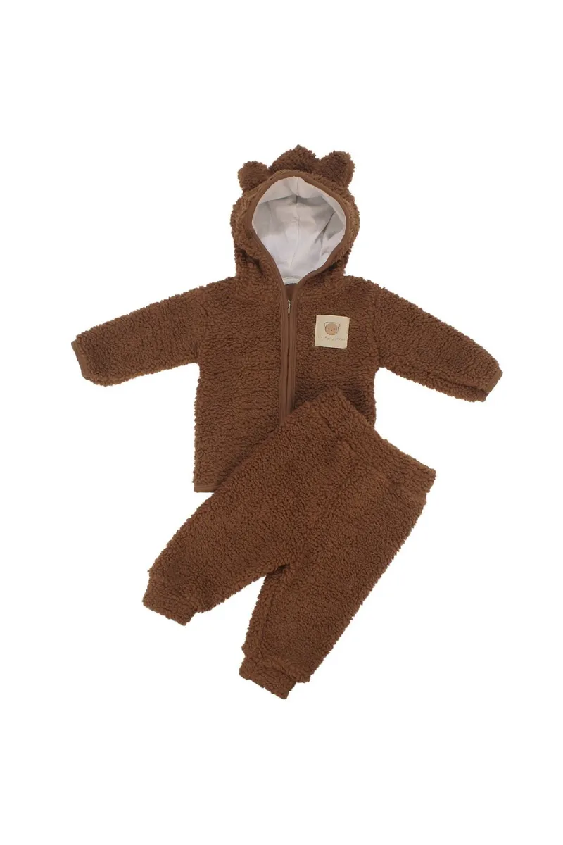 Unisex Kahve Peluş Kulaklı Kapşonlu Hırkalı İkili Takım