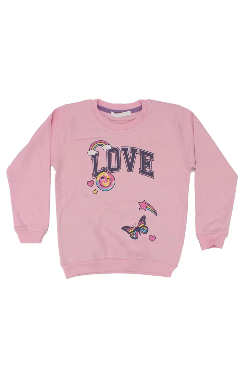 Kız Çocuk Pudra Love Gülücük Baskılı Tek Üst Sweat