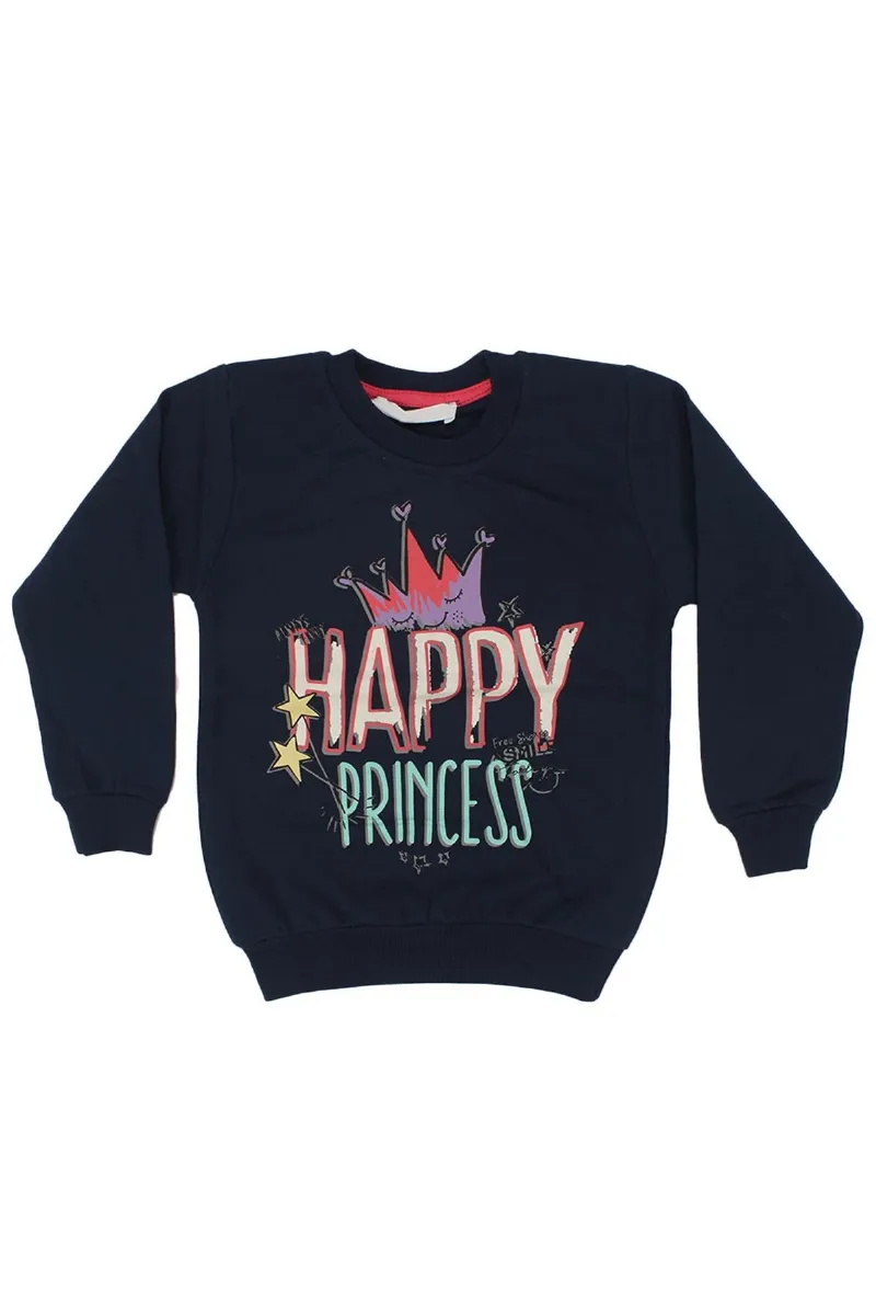 Kız Çocuk Lacivert Happy Prensess Yazılı Taç Baskılı Tek Üst Sweat