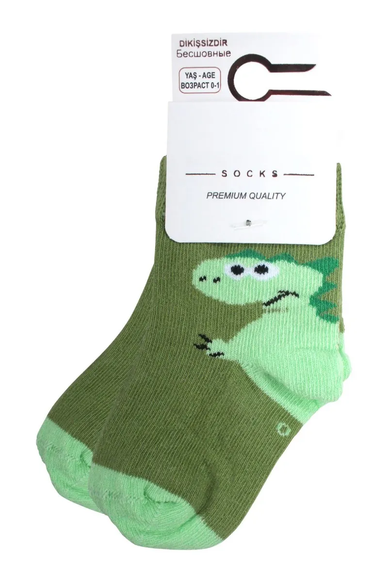 Erkek Bebek Yeşil Dino Desenli Çorap 0-12 Ay