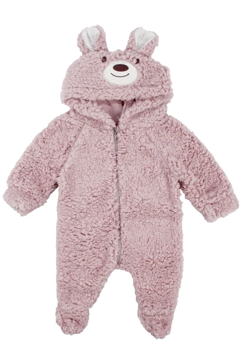 Unisex Pembe Ayı Nakışlı Kapşonlu Peluş Tulum