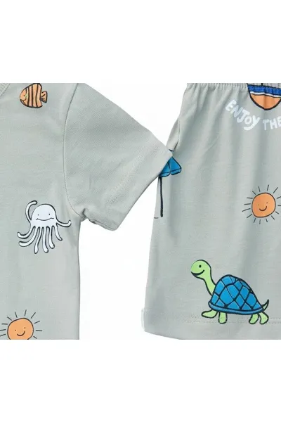 Erkek Bebek Gri Yelkenli Desenli Şortlu 2'li Takım
