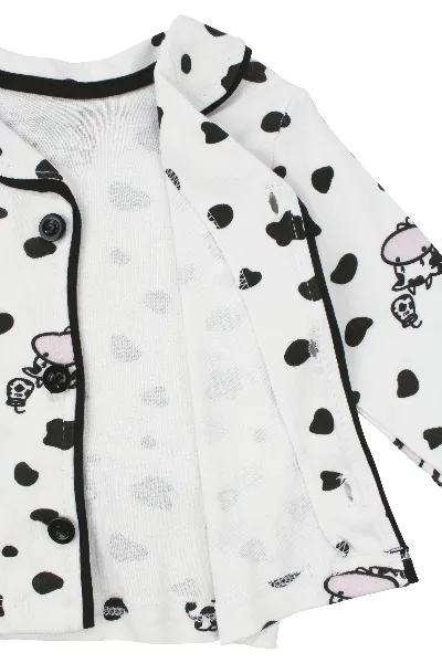 Unisex Ekru Siyah İnek Desenli Kruvaze Yaka Pijama Takımı