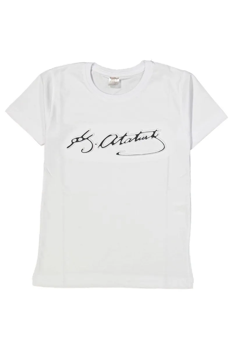 Unisex Beyaz Siyah K. Atatürk Kabartmalı İmzalı Kısa Kol Tişört