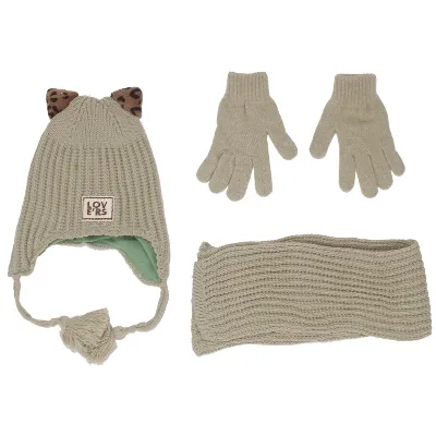 Kız Çocuk Haki Leopar Kulaklı Lovers Yazılı Atkı Bere Takımı 4-8 Yaş