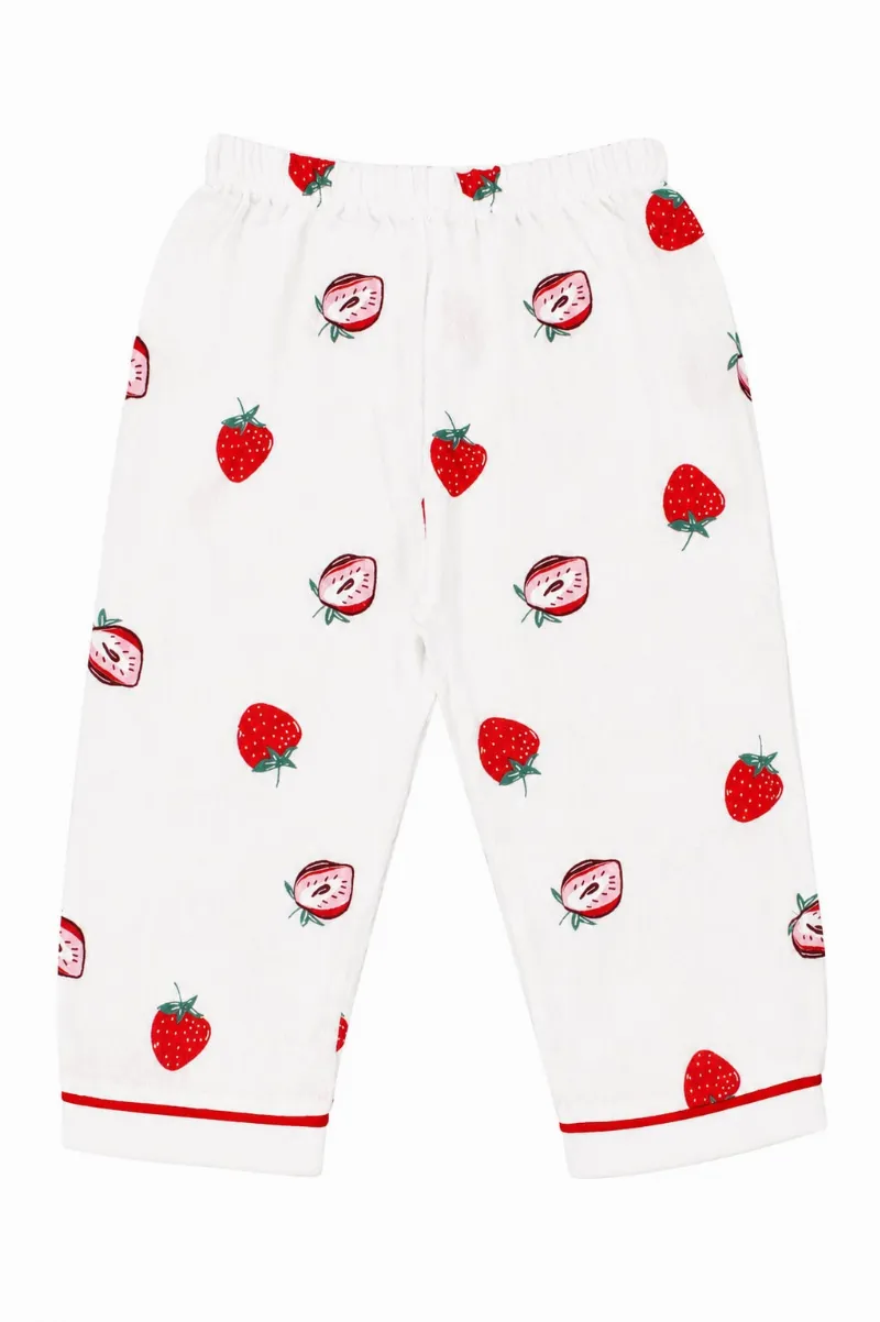 Kız Bebek Beyaz Kırmızı Çilek Baskılı Müslin Pijama Takımı