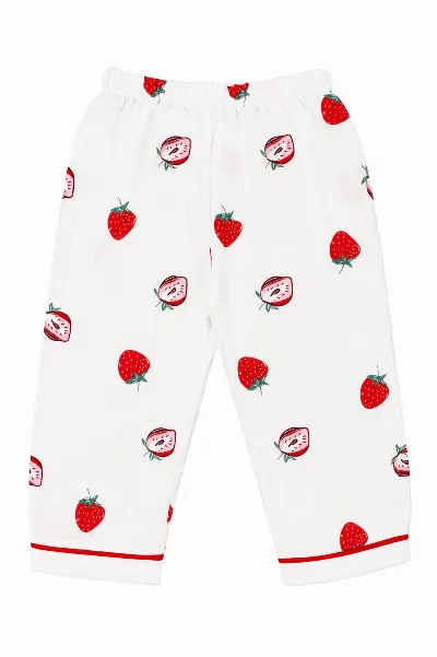 Kız Bebek Beyaz Kırmızı Çilek Baskılı Müslin Pijama Takımı