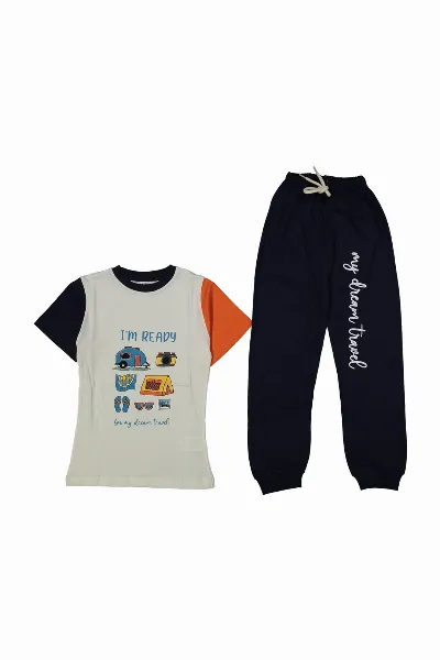 Erkek Çocuk Ekru Füme Yakalı Kamp Baskılı Pijama Takımı