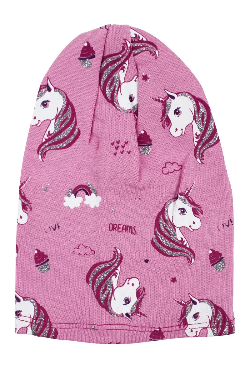 Kız Bebek Pembe Gri Simli Pembe Unicorn Desenli Bere 0-6 Ay