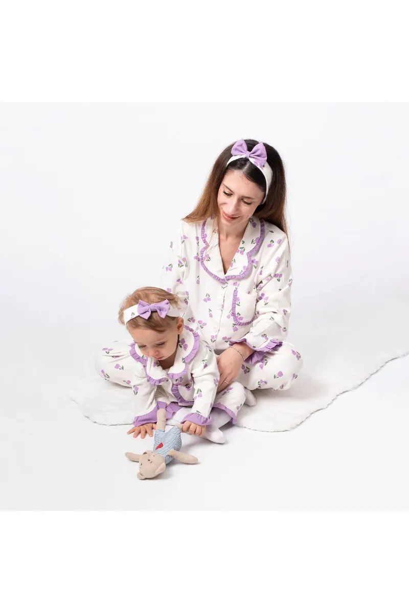 Kadın Anne Ekru Mor Lale Desenli Fırfırlı Bandanalı Pijama Takımı