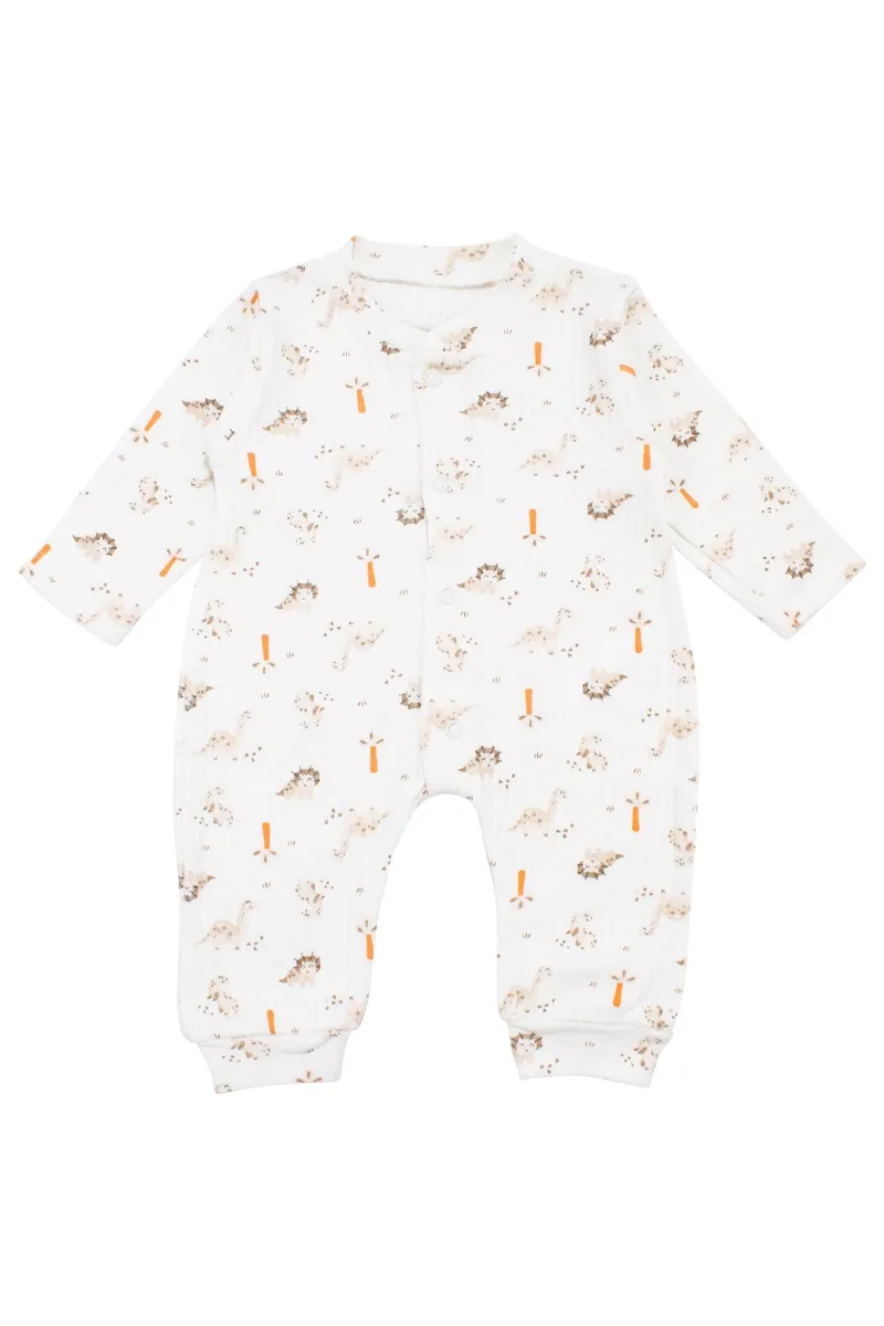 Erkek Bebek Ekru Dino Baskılı Çıtçıtlı Manşetli Tulum