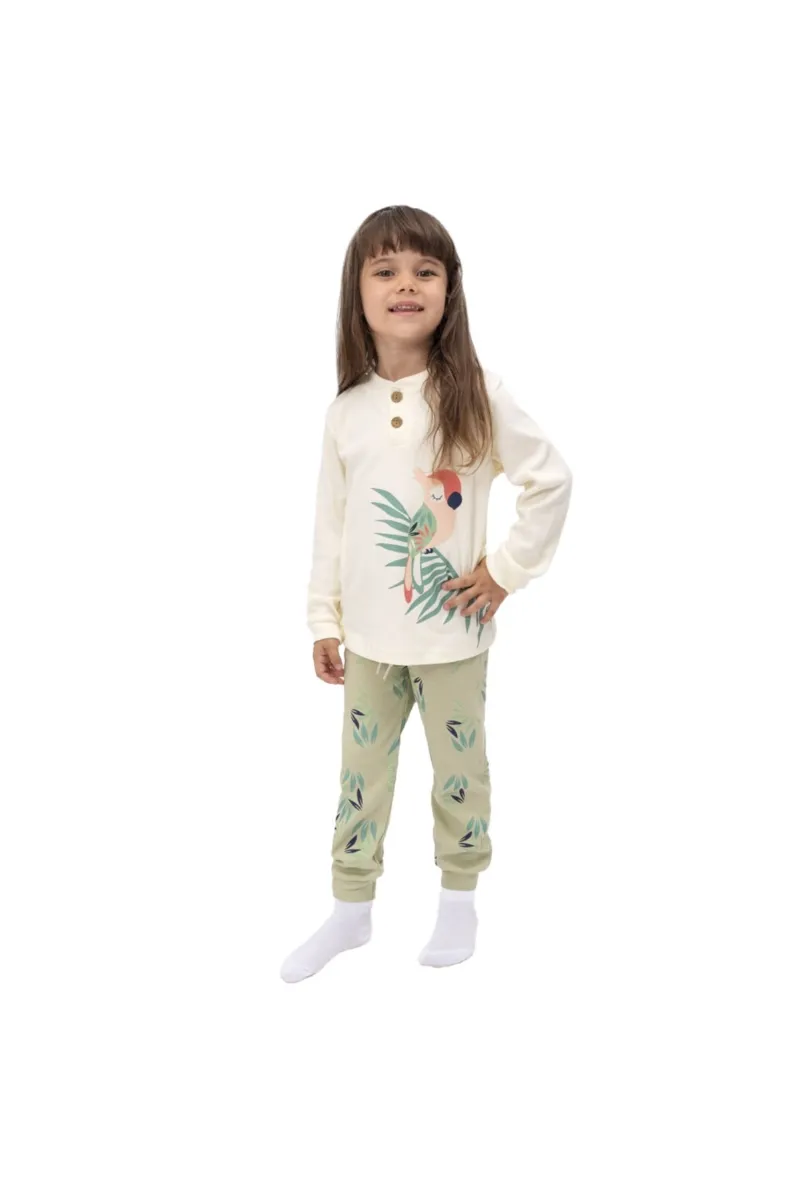Kız Çocuk Bej Papağan Baskılı 2'li Pijama Takımı