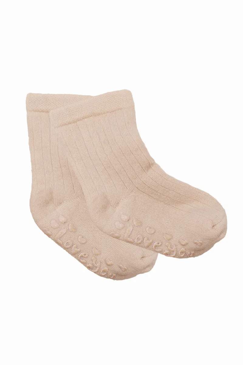 Unisex Bej Love Kaydırmaz Taban Polar Çorap
