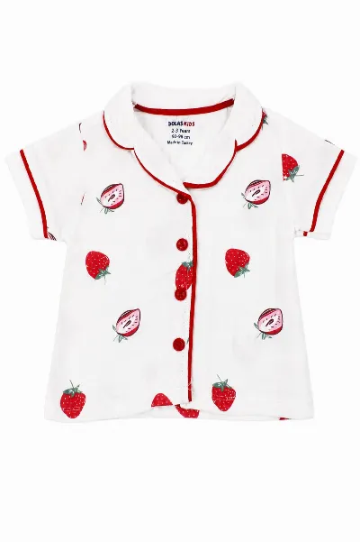 Kız Bebek Beyaz Kırmızı Çilek Baskılı Müslin Pijama Takımı
