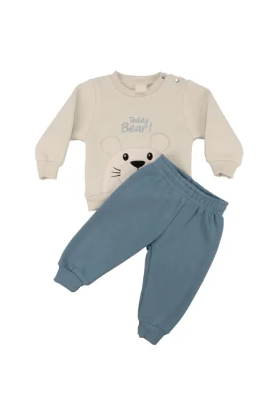 Erkek Bebek Gri Mavi Tedy Bear Ayılı Üç İp 2'li Takım