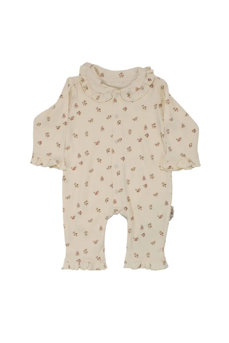 Kız Bebek Ekru Minik Çicekli Kolları Fırfırlı Bebe Yaka Çıtçıtlı Tulum