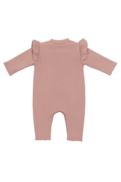 Kız Bebek Pudra Omuzları Fırfırlı Çiçek Nakışlı Çıtçıtlı Tulum