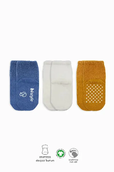 Bistyle 3lü Basic Kaymaz Penye Soket Çorap 10107 İndigo Ekru Hardal