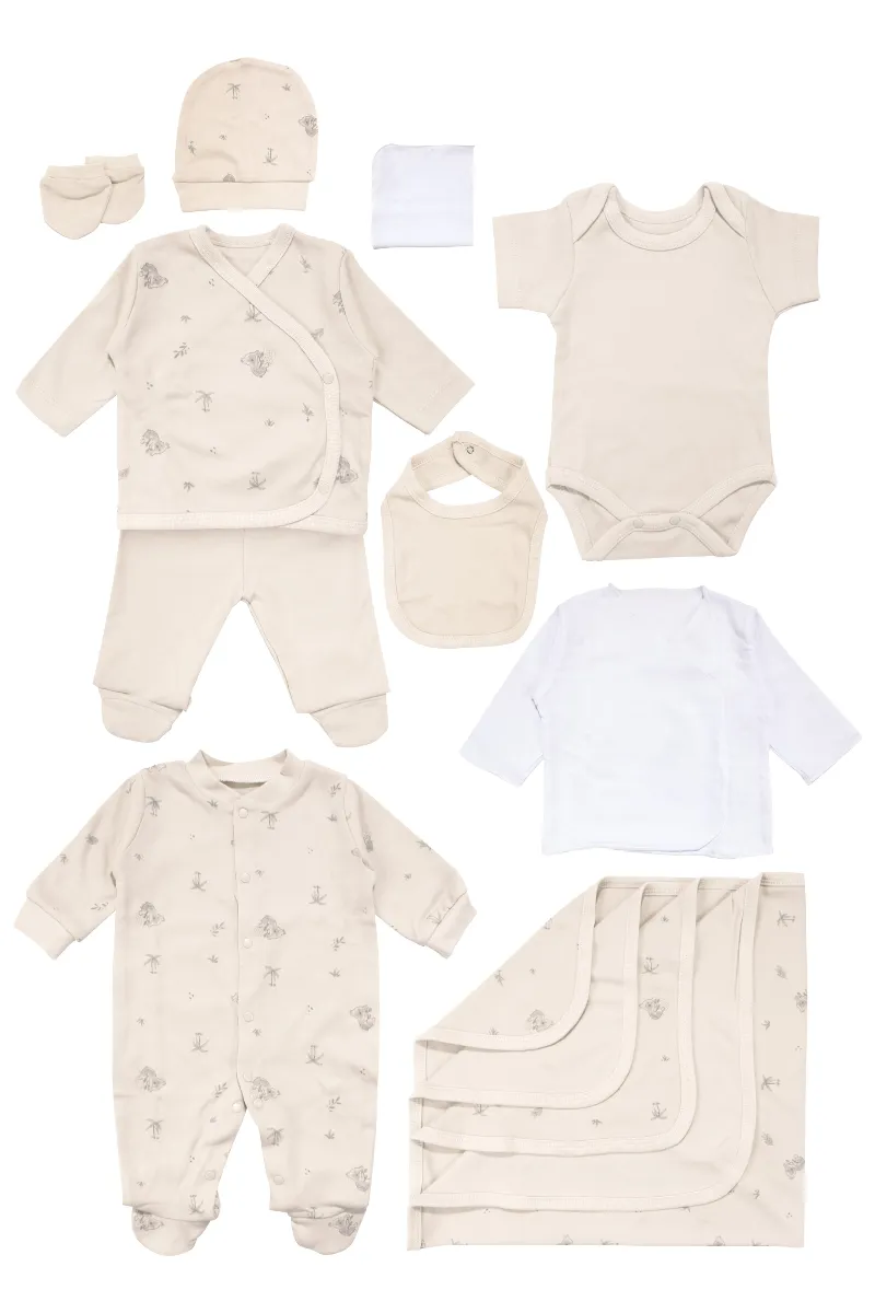 Unisex Bej Koala Desenli Organik 10 Parça Hastane Çıkış Seti