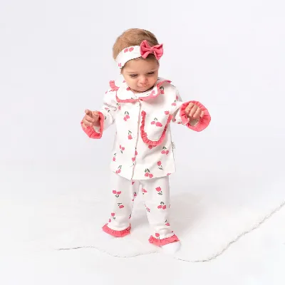 Kadın Anne Ekru Pembe Lale Desenli Fırfırlı Bandanalı Pijama Takımı