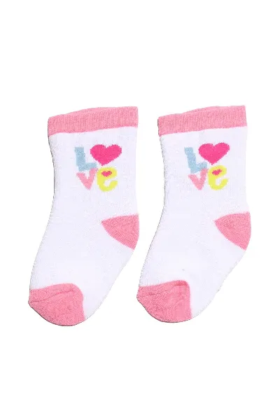 Kız Çocuk Beyaz Pembe Love Yazılı Havlu Çorap