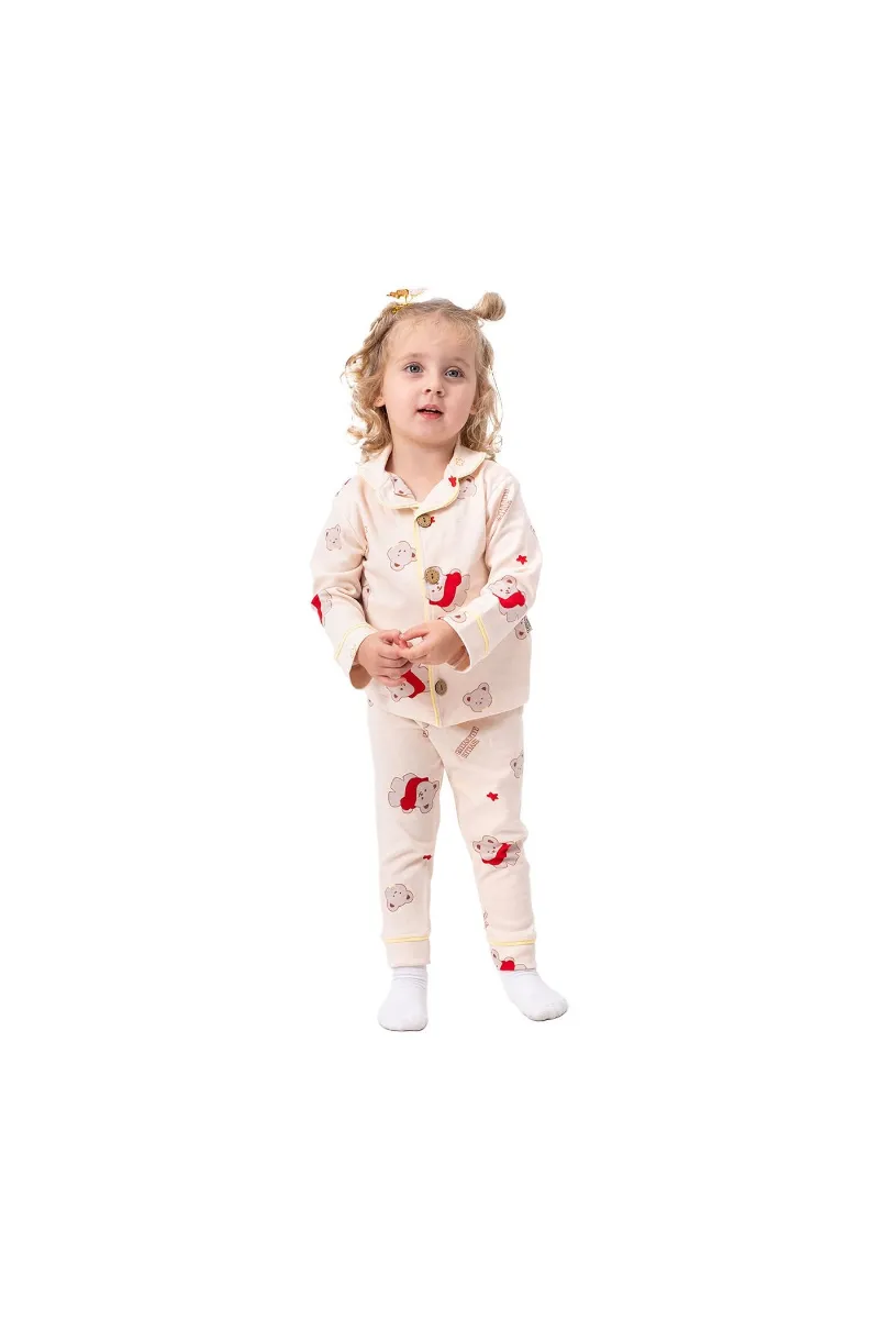 Somon Sarı Biyeli Kırmızı Ayıcık Desenli Kruvaze Yaka Pijama Takımı