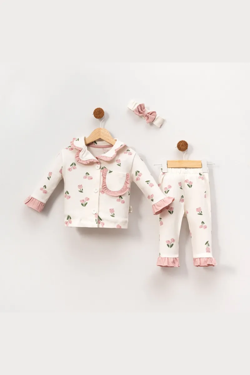 Kız Çocuk Ekru Pudra Lale Desenli Fırfırlı Bandanalı Pijama Takımı