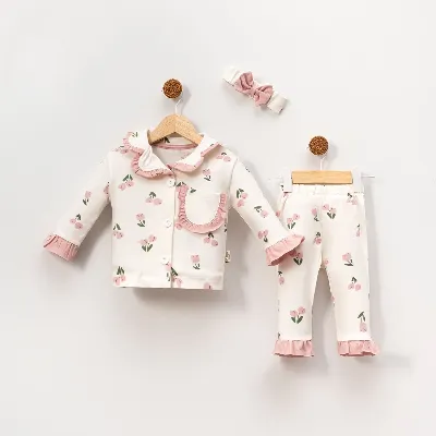 Kız Çocuk Ekru Pudra Lale Desenli Fırfırlı Bandanalı Pijama Takımı
